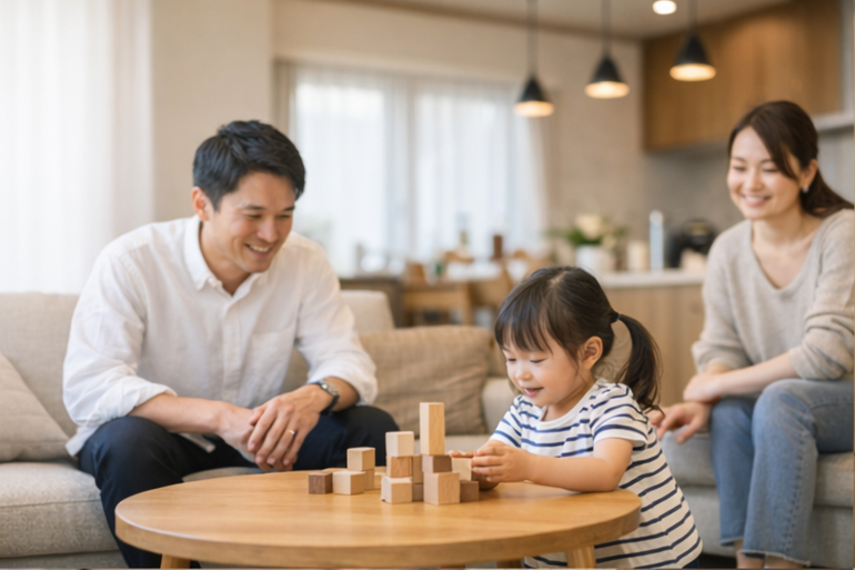 家族がリビングでくつろぐ様子